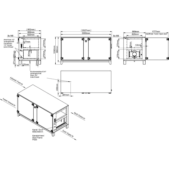 Cajas de tratamiento de aire Maxivent WTW con intercambiador de calor de contracorriente de 2000 m³/h con batería DX, horizontal a la derecha - PHE 2000 H ODJR