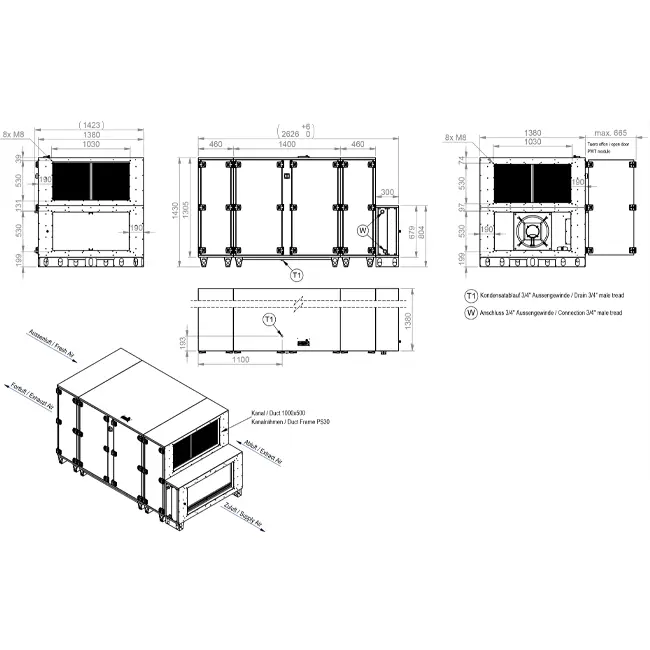 Cajas de tratamiento de aire Maxivent WTW con intercambiador de calor de contracorriente de 4200 m³/h con batería de agua caliente, horizontal a la derecha - PHE 4200 H WOJR T 01