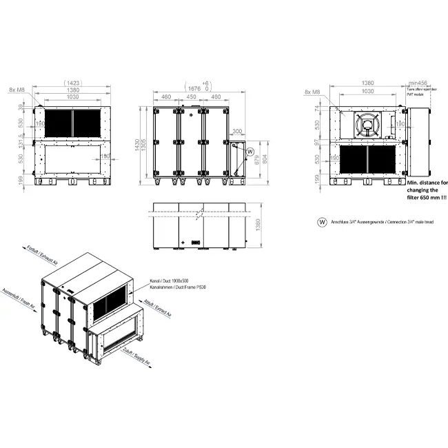 Cajas de tratamiento de aire Maxivent WTW con rueda de calor de 7600 m³/h y batería de agua caliente, disposición horizontal a la izquierda - RHE 7600 H WOJL T 02