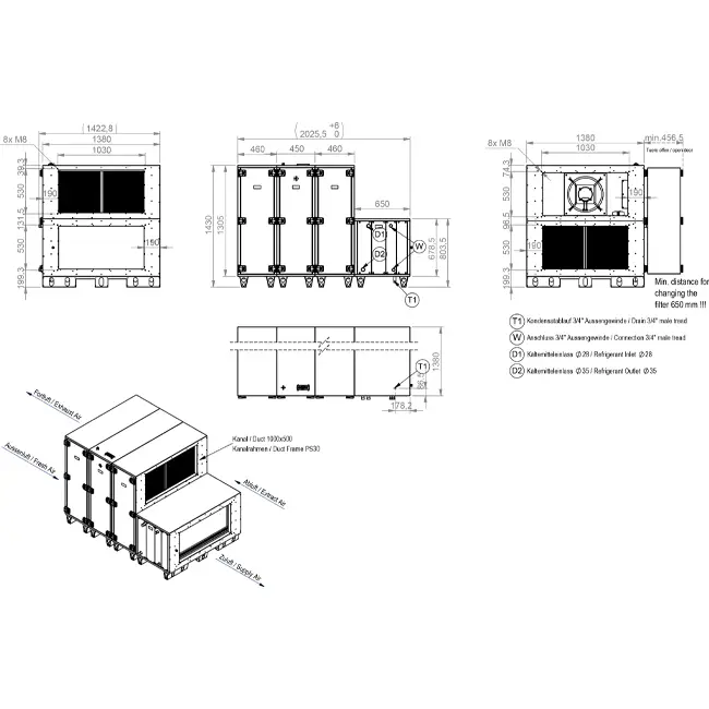 Cajas de tratamiento de aire Maxivent WTW con rueda de calor de 12 600 m³/h, con batería de agua caliente y batería de agua fría, disposición horizontal a la derecha - RHE 12600 H WKJR T 01