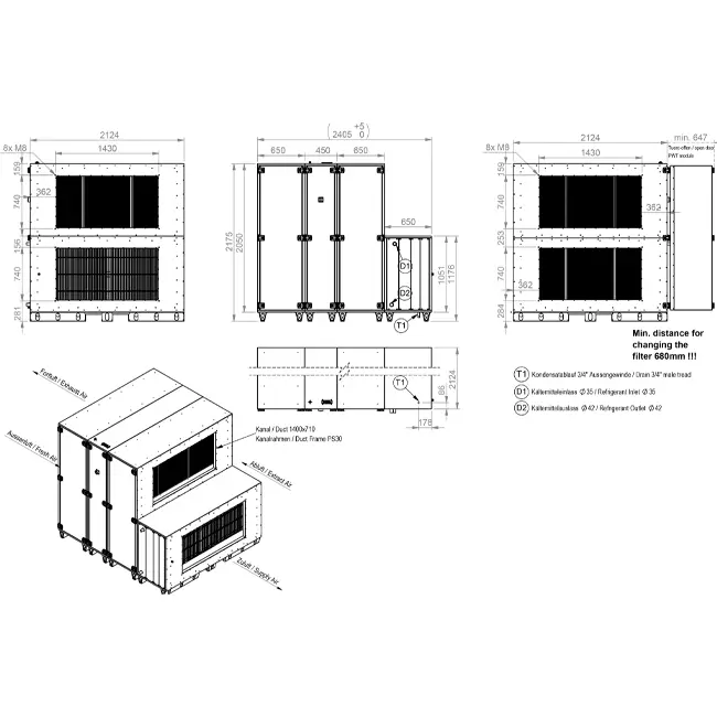 Cajas de tratamiento de aire Maxivent WTW con rueda de calor de 5000 m³/h y batería DX, horizontal a la derecha - RHE 5000 H ODJR T 01