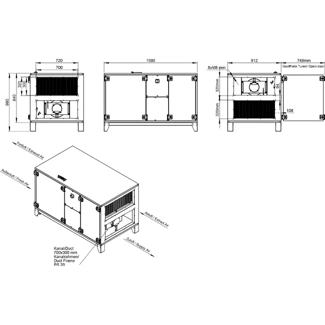 Cajas de tratamiento de aire Maxivent WTW con rueda de calor de 2000 m³/h, horizontal-horizontal a la izquierda - RHE 2000 H OOJL