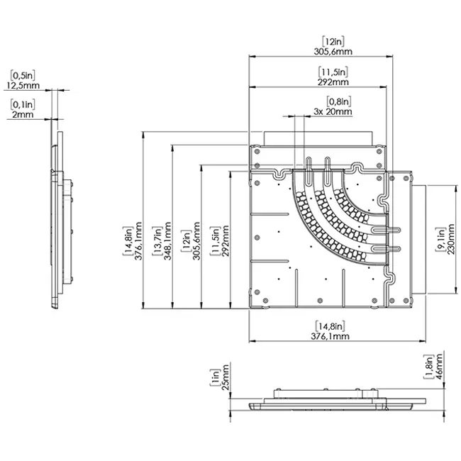 Pieza angular curvada Ergovent para rejillas lineales modulares encajables con 3 ranuras