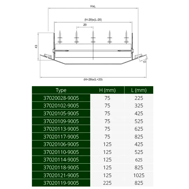 Rejilla de conducto ClimaConnect de doble ajuste, 425 x 75 mm, para tubos de 160 a 400 mm — sin recubrimiento