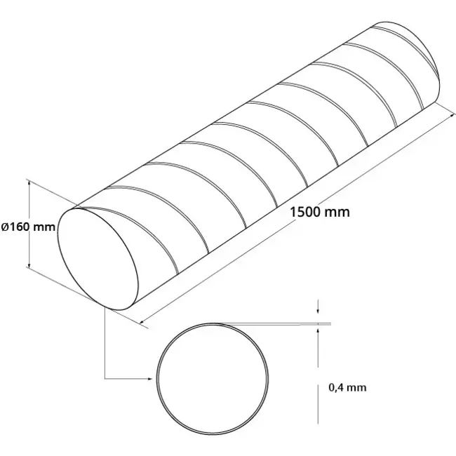 Tubo espiral de Ø 160 mm y 1,5 metros de longitud - Galvanizado
