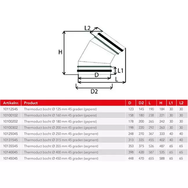 Termoducto 13 mm diámetro de codo 125 mm 45 grados aislado