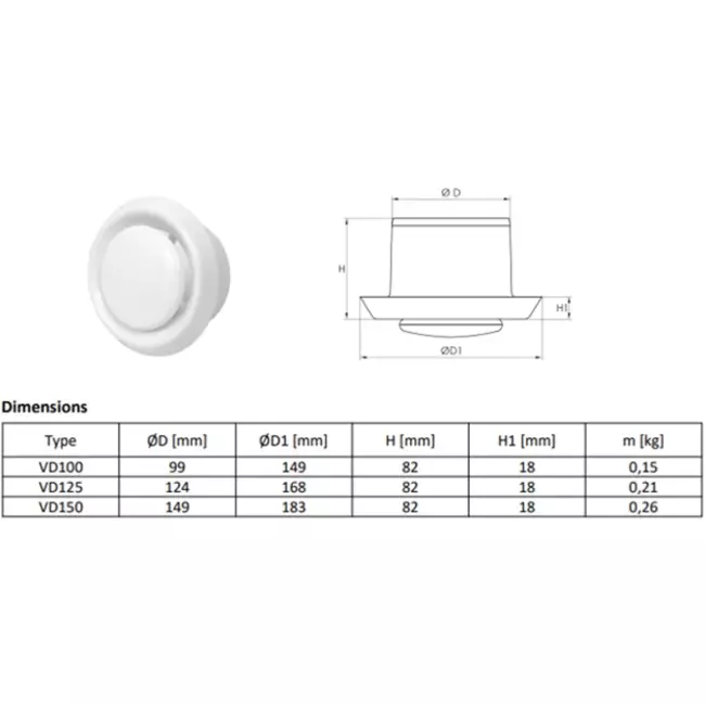 Válvula de ventilación de plástico negro antracita con manguito de montaje - Ø 100mm - VD100A