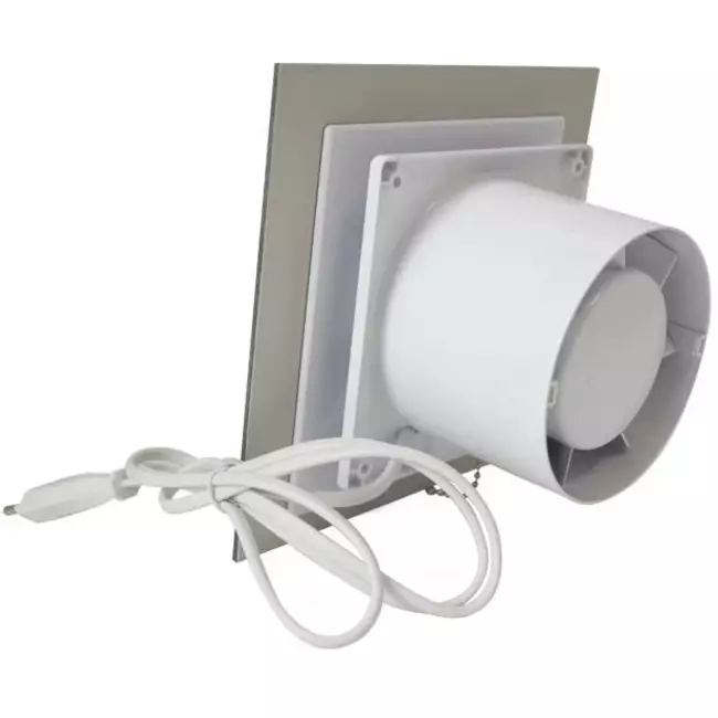 Extractor de baño diámetro Ø 125 mm con interruptor de cuerda y enchufe - panel de vidrio plateado satinado