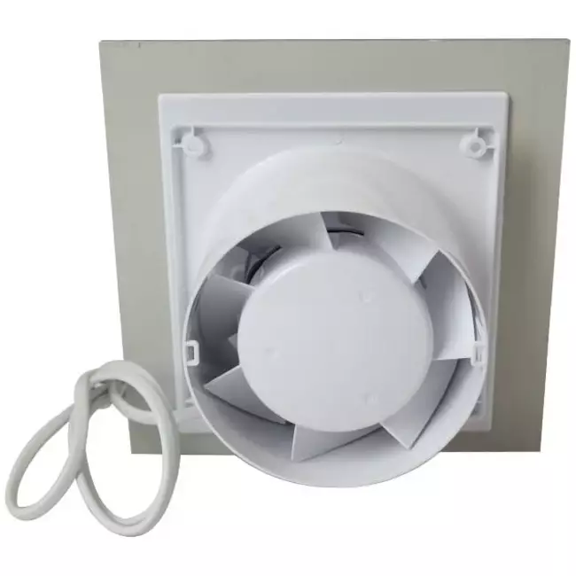 Extractor de baño diámetro Ø 125 mm con interruptor de cuerda y enchufe - panel de vidrio plateado satinado